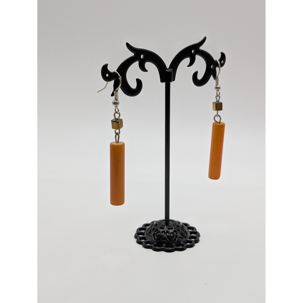 Unsigned Orange Cylinder Dangle Earrings Geometric Mixed Metal Drop